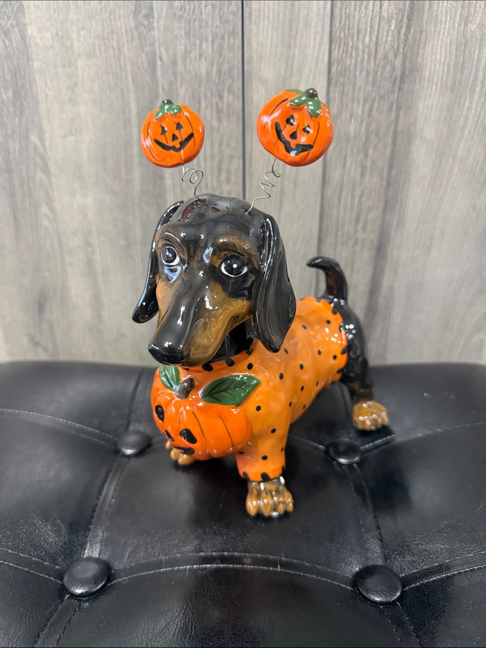 Blue Sky Clayworks Halloween Dachshund In Pumpkin Sweater By Heather Goldminc